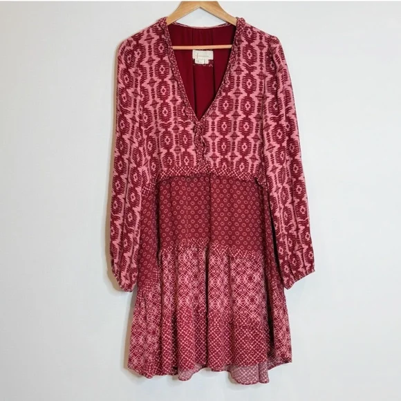 Anthropologie Dress Long Sleeve Tiered Skirt V-Neck Mini Knee Length Loose Fit L - Picture 2 of 15